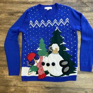Jolly Sweaters Mens Large Blue Ugly Christmas Sweater Snowman Beer Sequins 20039